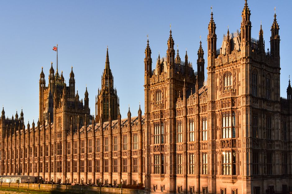 A wide-angle daytime view of the Palace of Westminster seen from a low perspective on the grass. The historic Gothic-style building features intricate stonework, tall spires, and a prominent clock tow